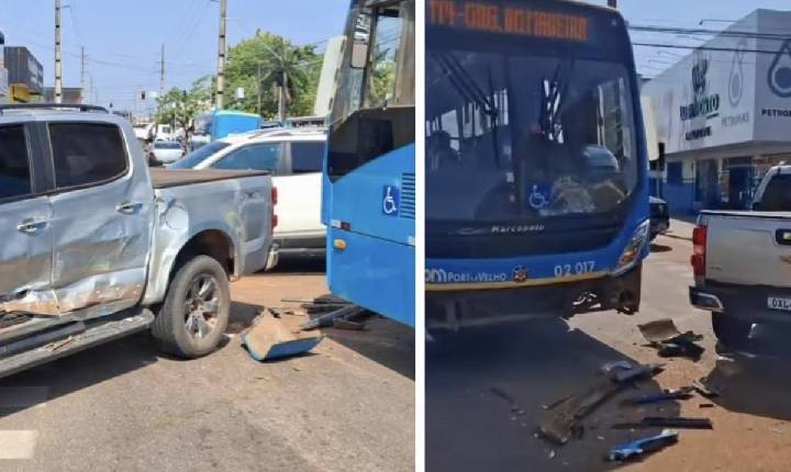 Ônibus coletivo colide com caminhonete na capital
