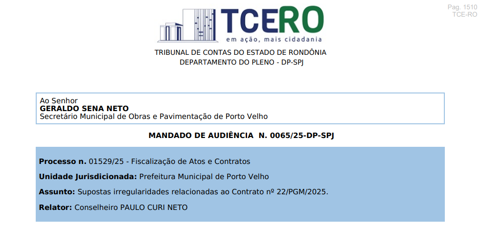 TCE SUSPENDE CONTRATO DE R$ 35 MILHÕES DA PREFEITURA DE PORTO VELHO APÓS APONTAR FRAUDE E CONLUIO