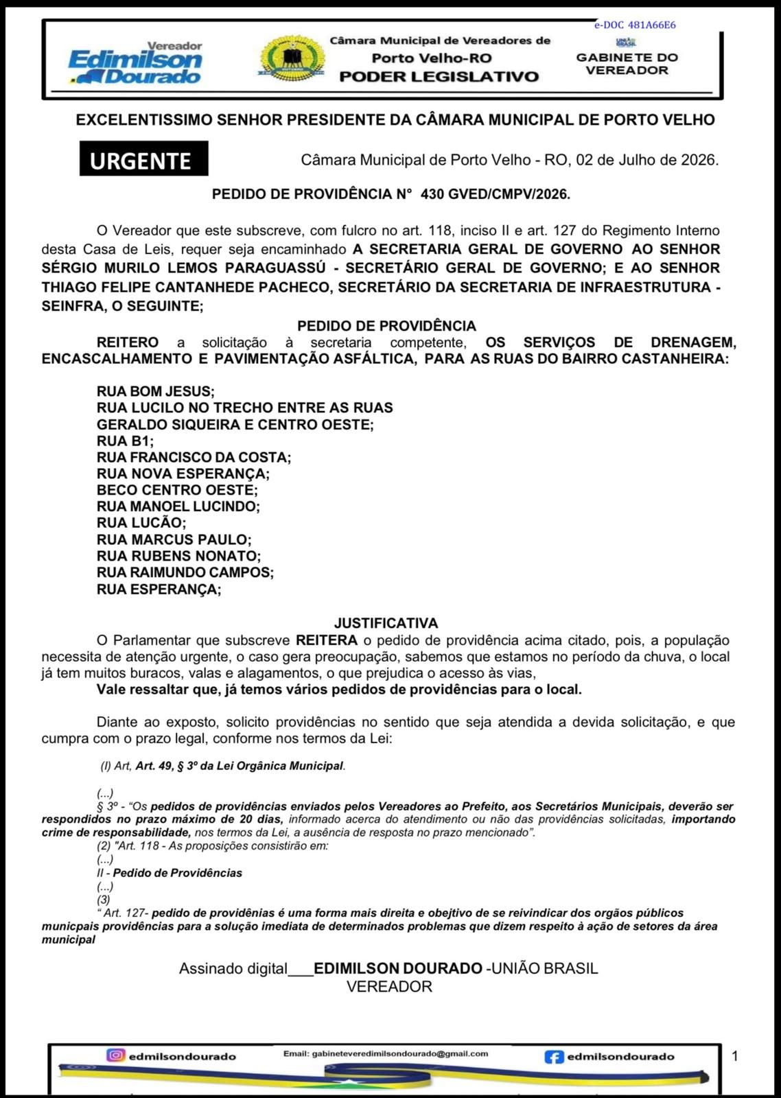 Edimilson Dourado reforça pedido por asfaltamento de ruas no Bairro Castanheira, em Porto Velho
