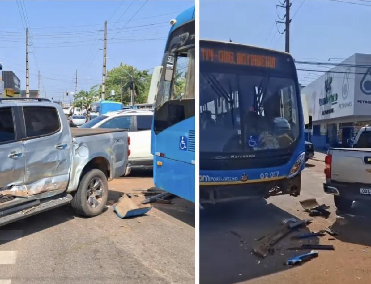 Ônibus coletivo colide com caminhonete na capital